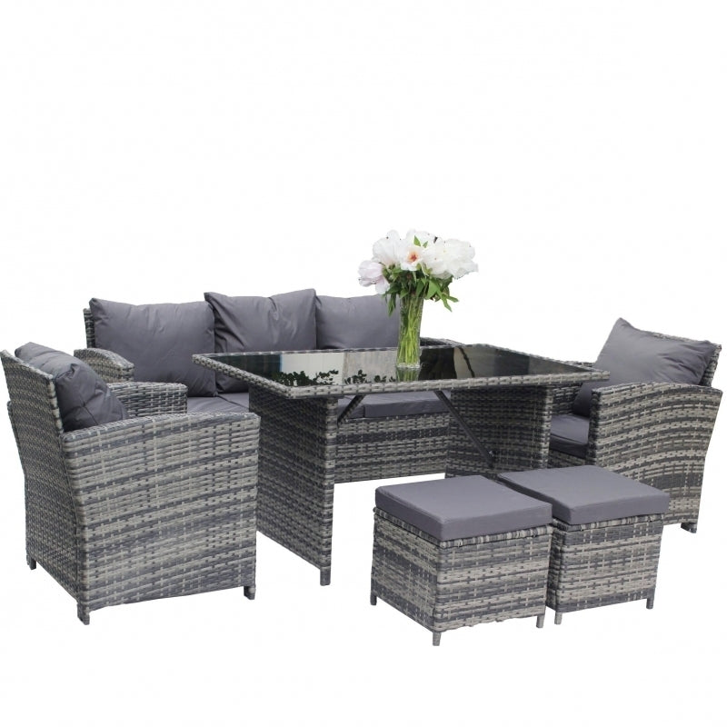 Set mobilier de gradina DeHome MG2000, 7 locuri, canapea, fotolii, masa, tabureti Gri