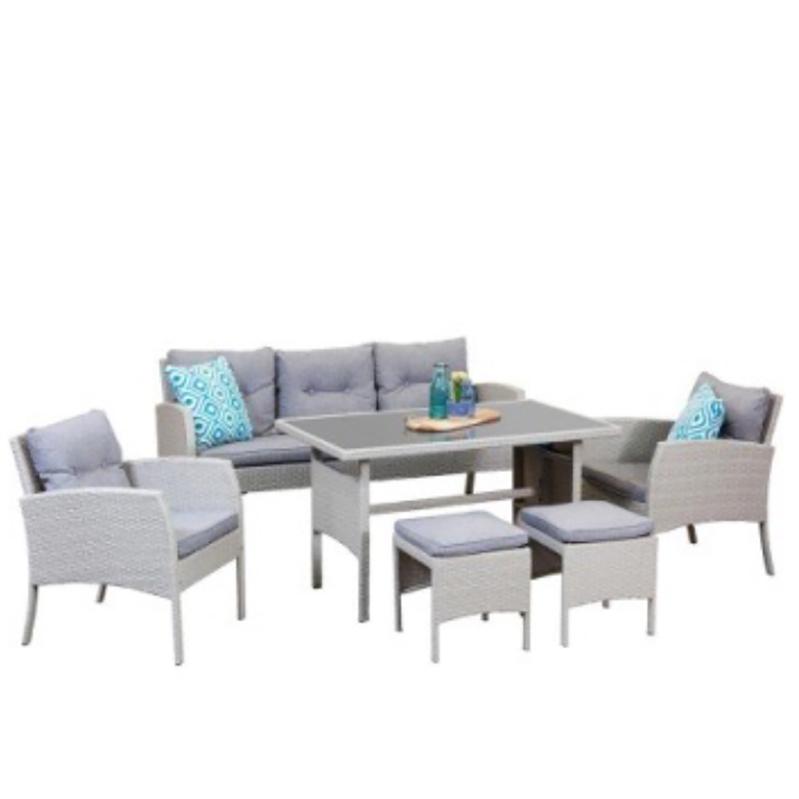 Set Mobilier Gradina DeHome MG781, 7 locuri, Ratan Sintetic Gri, Canapea Tripla, 2 Fotolii, 2 Tabureti, Masa Cafea, Perne Incluse, 161 x 67 x 78 cm