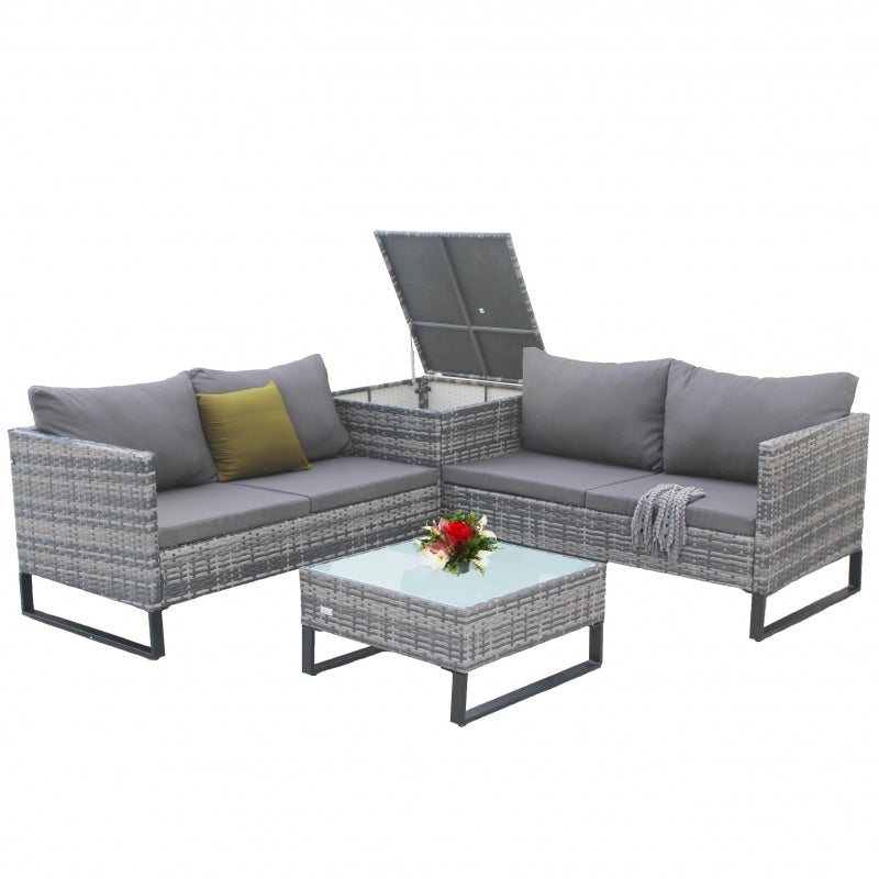 Set Mobilier Gradina DeHome Zafir 631, Ratan Gri, 4 Locuri, 2 Canapele Duble, Masuta Cafea Sticla, Cutie Depozitare, Perne Gri
