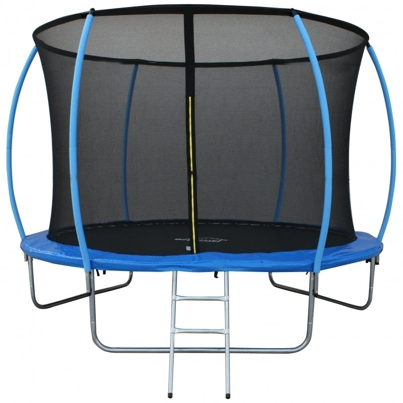 Trambulina DeHome Jumper 3008, diametru 244 cm, cu plasa de siguranta inalta de 163 cm, scara inclusa, stalpi curbati tip pampkin, structura otel