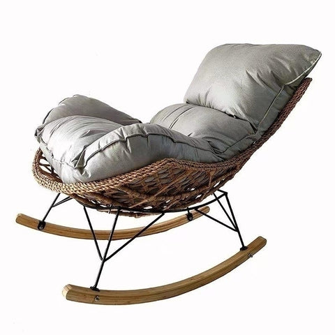 Fotoliu balansoar de gradina, terasa sau living, DeHome Luna 20, structura din ratan artificial si metal, talpi din lemn, cu perna XL inclusa, Gri-Natur