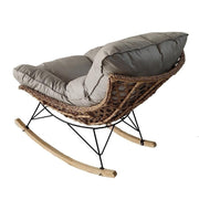 Fotoliu balansoar de gradina, terasa sau living, DeHome Luna 20, structura din ratan artificial si metal, talpi din lemn, cu perna XL inclusa, Gri-Natur