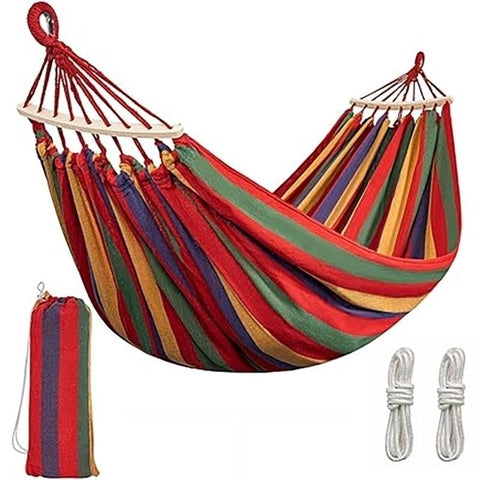 Hamac DeHome Hot 10R, textil multicolor, greutate suportata 200 kg, bare lemn, sistem prindere sfori, saculet depozitare inclus