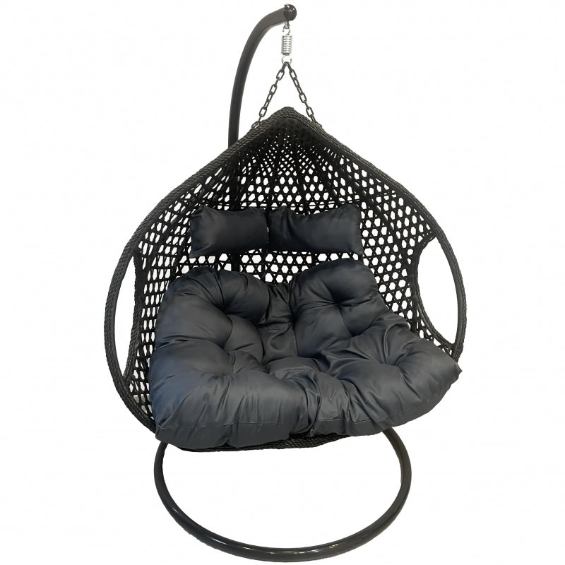 Leagan tip cuib dublu DeHome Joy 400, cu suport otel si impletitura poliratan, perna gri inclusa, 132x120x72/198 cm, greutate suportata 200 kg