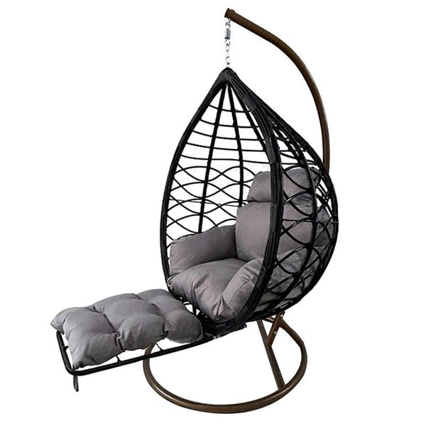Leagan DeHome Luna 28 tip cuib cu suport picioare, perna gri inclusa, impletitura rattan negru, cadru metalic maro, suporta 150 kg, 125x105x68 cm