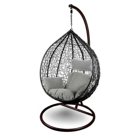 Leagan tip cuib DeHome Luna 92 negru, cu suport metalic maro, perna gri detasabila, ratan sintetic, 150 kg, diametru baza:105cm, inaltime suport:195cm