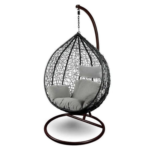 Leagan tip cuib DeHome Luna 92 negru, cu suport metalic maro, perna gri detasabila, ratan sintetic, 150 kg, diametru baza:105cm, inaltime suport:195cm
