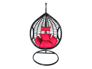Leagan tip cuib DeHome Luna 24, negru, cu suport metalic maro si perna rosie inclusa, impletitura sintetica, 125x105x68 cm, greutate suportata 150 kg
