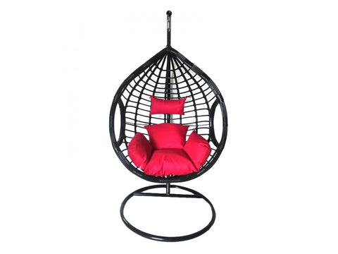 Leagan tip cuib DeHome Luna 24, negru, cu suport metalic maro si perna rosie inclusa, impletitura sintetica, 125x105x68 cm, greutate suportata 150 kg