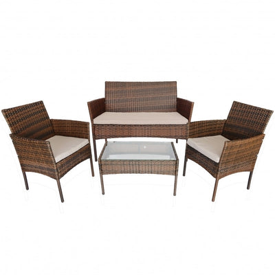 Set mobilier gradina DeHome A16, 4 locuri, ratan artificial maro, cadru metalic, canapea dubla, 2 fotolii, masuta cafea cu blat sticla, perne incluse