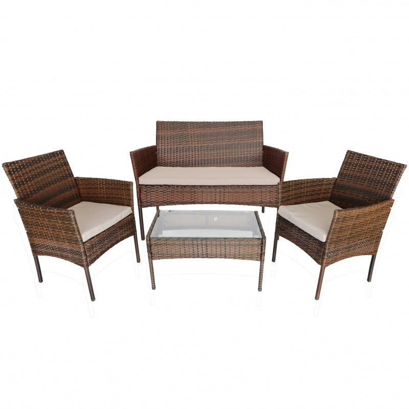 Set mobilier gradina DeHome A16, 4 locuri, ratan artificial maro, cadru metalic, canapea dubla, 2 fotolii, masuta cafea cu blat sticla, perne incluse