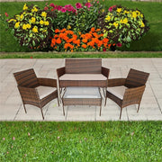 Set mobilier gradina DeHome A16, 4 locuri, ratan artificial maro, cadru metalic, canapea dubla, 2 fotolii, masuta cafea cu blat sticla, perne incluse