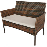 Set mobilier gradina DeHome A16, 4 locuri, ratan artificial maro, cadru metalic, canapea dubla, 2 fotolii, masuta cafea cu blat sticla, perne incluse