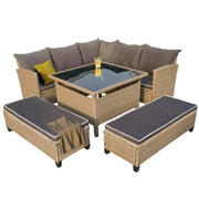 Set mobilier gradina DeHome MG1000C, 9 locuri, din ratan artificial, culoare coffee, include 2 coltare, canapea colt, 2 bancute, masa patrata