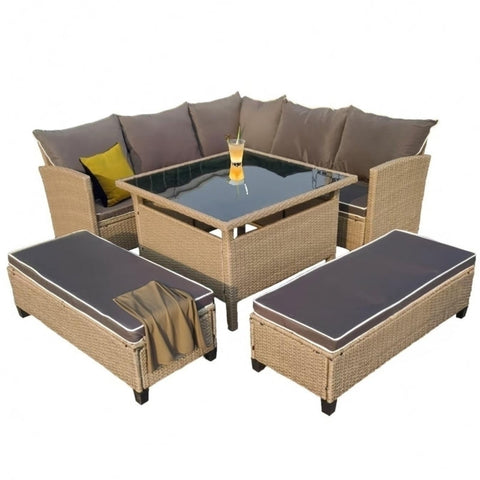 Set mobilier gradina DeHome MG1000C, 9 locuri, din ratan artificial, culoare coffee, include 2 coltare, canapea colt, 2 bancute, masa patrata
