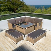 Set mobilier gradina DeHome MG1000C, 9 locuri, din ratan artificial, culoare coffee, include 2 coltare, canapea colt, 2 bancute, masa patrata