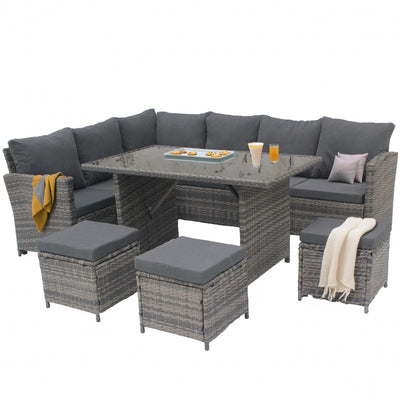 Set mobilier de gradina DeHome MG190G, 9 locuri, canapea, coltar, masa culoare gri