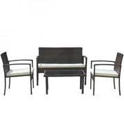 Set mobilier gradina DeHome MG200, 4 piese, canapea dubla, 2 scaune, masuta cafea blat sticla, pernite detasabile, ratan artificial, cadru metalic, maro