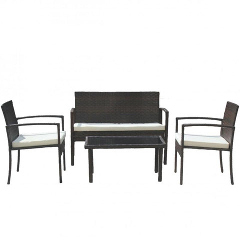 Set mobilier gradina DeHome MG200, 4 piese, canapea dubla, 2 scaune, masuta cafea blat sticla, pernite detasabile, ratan artificial, cadru metalic, maro