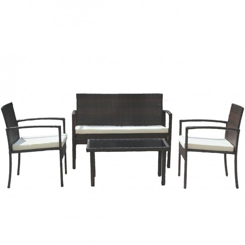 Set mobilier gradina DeHome MG200, 4 piese, canapea dubla, 2 scaune, masuta cafea blat sticla, pernite detasabile, ratan artificial, cadru metalic, maro