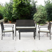 Set mobilier gradina DeHome MG200, 4 piese, canapea dubla, 2 scaune, masuta cafea blat sticla, pernite detasabile, ratan artificial, cadru metalic, maro