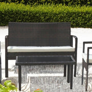 Set mobilier gradina DeHome MG200, 4 piese, canapea dubla, 2 scaune, masuta cafea blat sticla, pernite detasabile, ratan artificial, cadru metalic, maro
