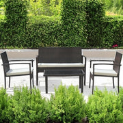 Set mobilier gradina DeHome MG200, 4 piese, canapea dubla, 2 scaune, masuta cafea blat sticla, pernite detasabile, ratan artificial, cadru metalic, maro