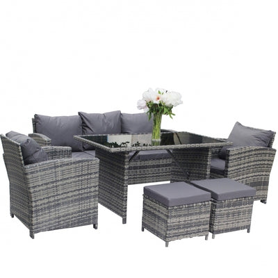 Set mobilier de gradina DeHome MG2000, 7 locuri, canapea, fotolii, masa, tabureti Gri