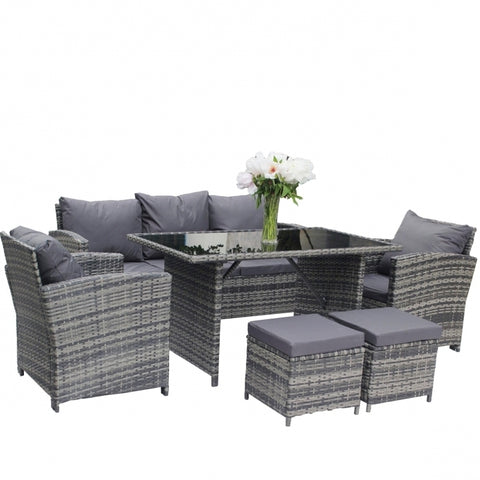 Set mobilier de gradina DeHome MG2000, 7 locuri, canapea, fotolii, masa, tabureti Gri