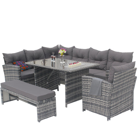 Set mobilier de gradina DeHome Zafir 560, 10 locuri, canapea, coltar, fotolii, banca, masa, culoare Gri