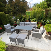 Set Mobilier Gradina DeHome MG781, 7 locuri, Ratan Sintetic Gri, Canapea Tripla, 2 Fotolii, 2 Tabureti, Masa Cafea, Perne Incluse, 161 x 67 x 78 cm