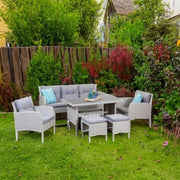 Set Mobilier Gradina DeHome MG781, 7 locuri, Ratan Sintetic Gri, Canapea Tripla, 2 Fotolii, 2 Tabureti, Masa Cafea, Perne Incluse, 161 x 67 x 78 cm