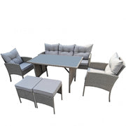 Set Mobilier Gradina DeHome MG781, 7 locuri, Ratan Sintetic Gri, Canapea Tripla, 2 Fotolii, 2 Tabureti, Masa Cafea, Perne Incluse, 161 x 67 x 78 cm