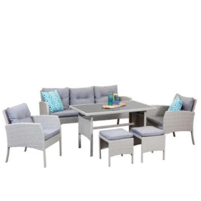 Set Mobilier Gradina DeHome MG781, 7 locuri, Ratan Sintetic Gri, Canapea Tripla, 2 Fotolii, 2 Tabureti, Masa Cafea, Perne Incluse, 161 x 67 x 78 cm