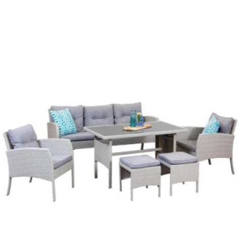 Set Mobilier Gradina DeHome MG781, 7 locuri, Ratan Sintetic Gri, Canapea Tripla, 2 Fotolii, 2 Tabureti, Masa Cafea, Perne Incluse, 161 x 67 x 78 cm