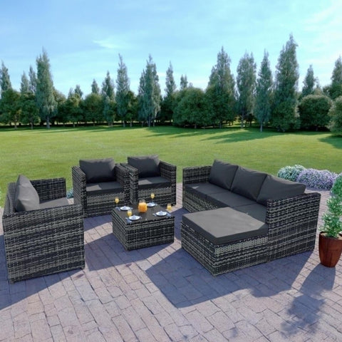 Set mobilier de gradina DeHome Zafir 1800 Gray, 8 locuri, canapea tripla, canapea dubla, fotolii, masa si otoman, design modern, culoare gri, perne gri