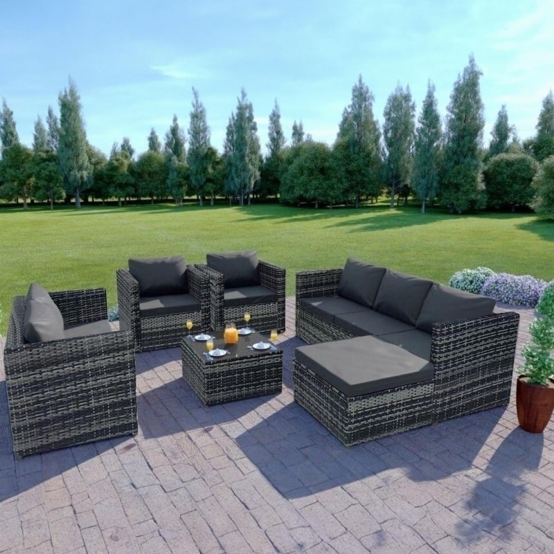Set mobilier de gradina DeHome Zafir 1800 Gray, 8 locuri, canapea tripla, canapea dubla, fotolii, masa si otoman, design modern, culoare gri, perne gri