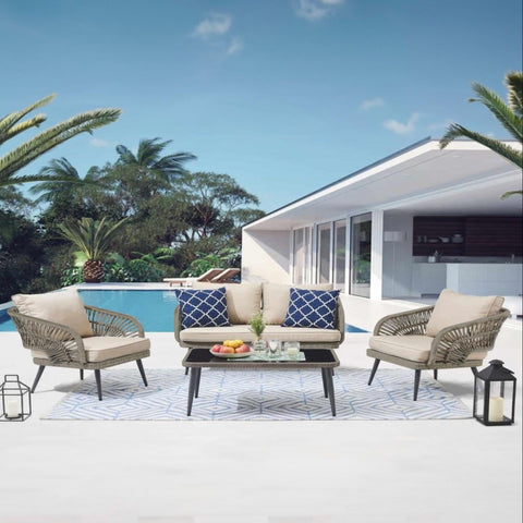 Set mobilier de gradina DeHome MG211, 4 locuri, canapea dubla, doua fotolii, masuta de cafea, culoare gri