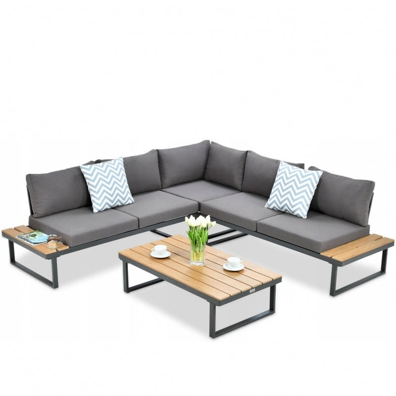 Set mobilier de gradina DeHome Zafir 312 Gray, 5 locuri, coltar generos, masuta cafea, design modern, culoare gri