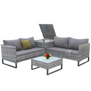 Set Mobilier Gradina DeHome Zafir 631, Ratan Gri, 4 Locuri, 2 Canapele Duble, Masuta Cafea Sticla, Cutie Depozitare, Perne Gri