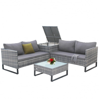 Set Mobilier Gradina DeHome Zafir 631, Ratan Gri, 4 Locuri, 2 Canapele Duble, Masuta Cafea Sticla, Cutie Depozitare, Perne Gri