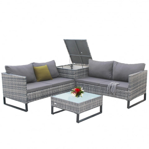Set Mobilier Gradina DeHome Zafir 631, Ratan Gri, 4 Locuri, 2 Canapele Duble, Masuta Cafea Sticla, Cutie Depozitare, Perne Gri