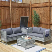 Set Mobilier Gradina DeHome Zafir 631, Ratan Gri, 4 Locuri, 2 Canapele Duble, Masuta Cafea Sticla, Cutie Depozitare, Perne Gri