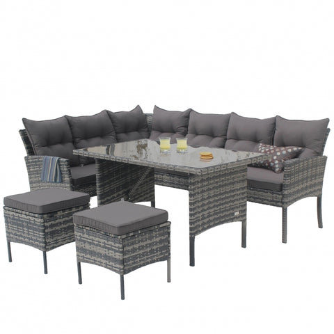 Set mobilier de gradina DeHome Zafir 790, 8 locuri, masa, canapele, tabureti, culoare Gri