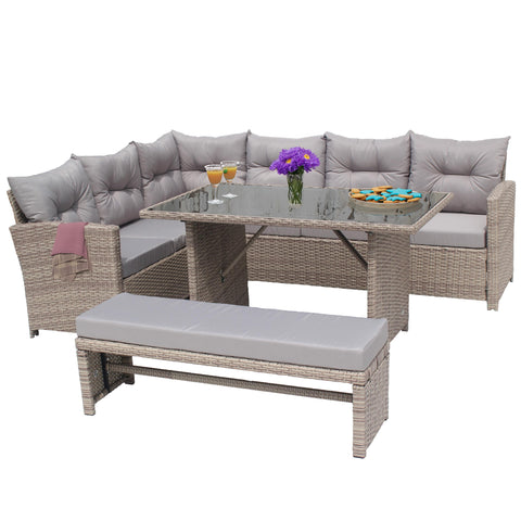 Set mobilier de gradinta DeHome Zafir 550 Coffee, 8 locuri, coltar, masa si banca, design modern, culoare maro (cafea)
