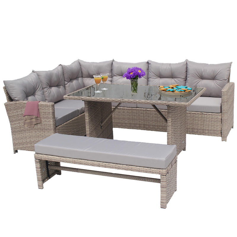 Set mobilier de gradinta DeHome Zafir 550 Coffee, 8 locuri, coltar, masa si banca, design modern, culoare maro (cafea)