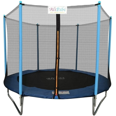 Trambulina AliBibi Fun 508, diametru 244 cm, plasa de siguranta PE 165 cm, scara, suprafata sarit neagra, stalpi si arcuri otel galvanizat, albastra