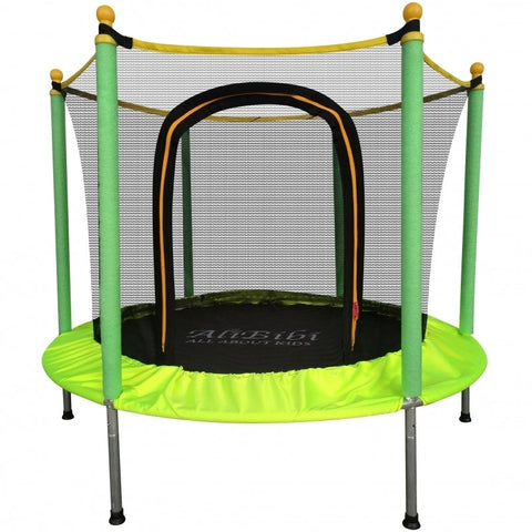 Trambulina AliBibi Fun 55, diametru 144 cm, plasa de siguranta PE, protectie arcuri, cadru otel galvanizat, stalpi spuma EPE, intrare cu fermoar, verde