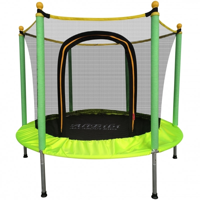 Trambulina AliBibi Fun 55, diametru 144 cm, plasa de siguranta PE, protectie arcuri, cadru otel galvanizat, stalpi spuma EPE, intrare cu fermoar, verde