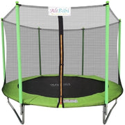 Trambulina AliBibi Fun 608, diametru 244 cm, plasa de protectie PE verde, scara, suprafata de sarit neagra, stalpi si arcuri otel galvanizat